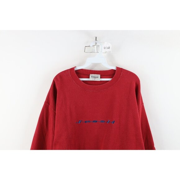 Vintage 90s Fossil Watch Mens Medium Faded Spell Out Crewneck Sweatshirt Red USA - Picture 2 of 14